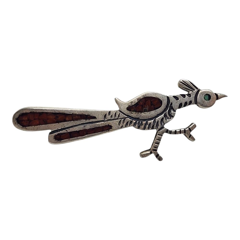 Vintage Roadrunner Brooch Pin Red Coral & Turquoise Inlay Native southwest